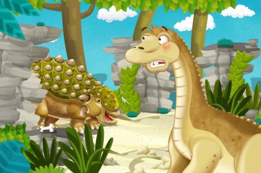 Dinozor apatosaurus diplodocus ile birlikte ormanda başka bir dinozorun olduğu karikatür sahnesi - çocuklar için çizim