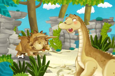 Dinozor apatosaurus diplodocus ile birlikte ormanda başka bir dinozorun olduğu karikatür sahnesi - çocuklar için çizim