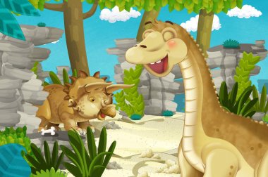 Dinozor apatosaurus diplodocus ile birlikte ormanda başka bir dinozorun olduğu karikatür sahnesi - çocuklar için çizim