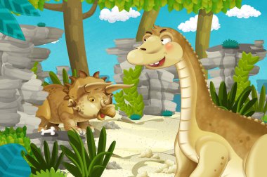 Dinozor apatosaurus diplodocus ile birlikte ormanda başka bir dinozorun olduğu karikatür sahnesi - çocuklar için çizim