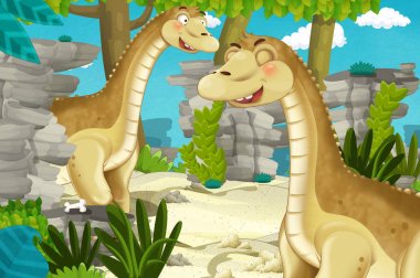 Dinozor apatosaurus diplodocus ile birlikte ormanda başka bir dinozorun olduğu karikatür sahnesi - çocuklar için çizim