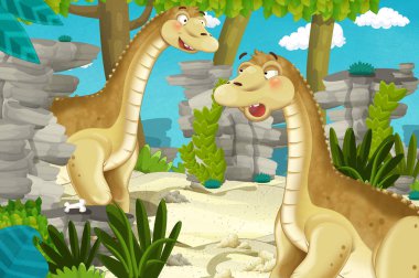 Dinozor apatosaurus diplodocus ile birlikte ormanda başka bir dinozorun olduğu karikatür sahnesi - çocuklar için çizim
