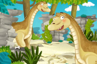 Dinozor apatosaurus diplodocus ile birlikte ormanda başka bir dinozorun olduğu karikatür sahnesi - çocuklar için çizim