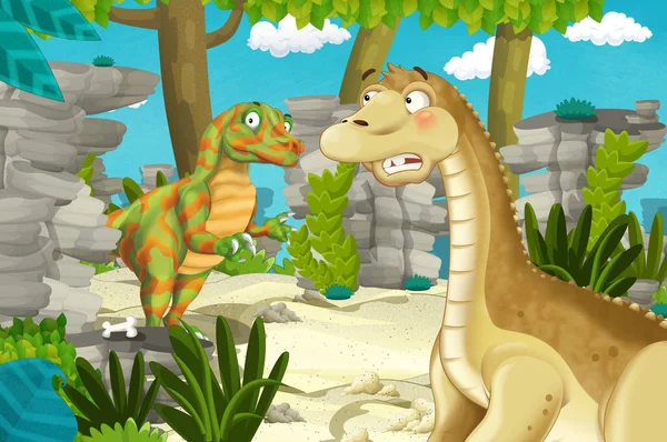 Cartoon Scene Met Dinosaurus Apatosaurus Diplodocus Met Een Aantal Andere — Stockfoto