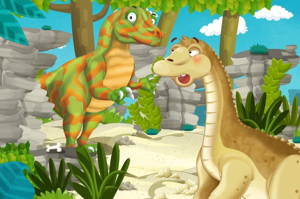 Cartoon Scene Met Dinosaurus Apatosaurus Diplodocus Met Een Aantal Andere — Stockfoto