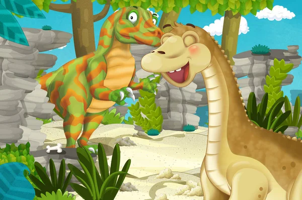 Cartoon Scene Met Dinosaurus Apatosaurus Diplodocus Met Een Aantal Andere — Stockfoto