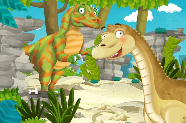 Cartoon Scene Met Dinosaurus Apatosaurus Diplodocus Met Een Aantal Andere — Stockfoto