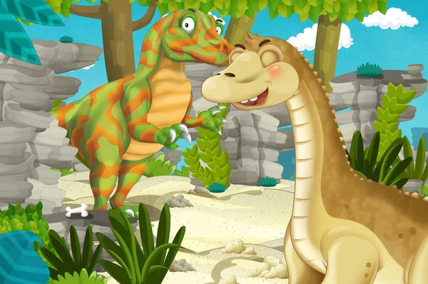 Dinozor apatosaurus diplodocus ile birlikte ormanda başka bir dinozorun olduğu karikatür sahnesi - çocuklar için çizim