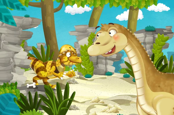 Cartoon Scene Met Dinosaurus Apatosaurus Diplodocus Met Een Aantal Andere — Stockfoto