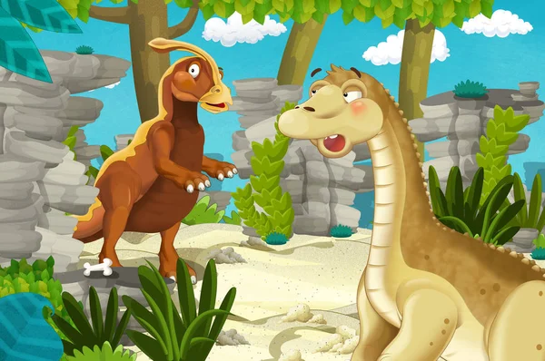Rajzfilm Jelenet Dinoszaurusz Apatoszaurusz Diplodocus Néhány Más Dinoszaurusz Dzsungelben Illusztráció — Stock Fotó