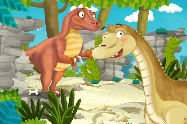 Cartoon Scene Met Dinosaurus Apatosaurus Diplodocus Met Een Aantal Andere — Stockfoto