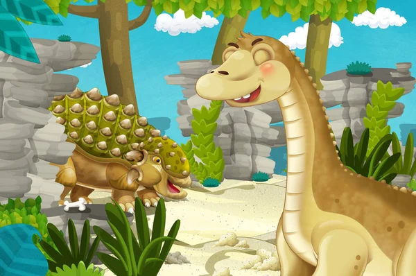 卡通片场景与恐龙的二倍体龙和其他恐龙在丛林里 儿童图解 — 图库照片