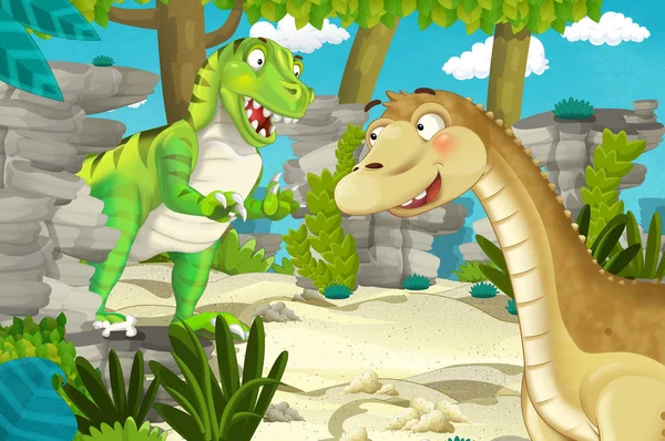 Cartoon Scene Met Dinosaurus Apatosaurus Diplodocus Met Een Aantal Andere — Stockfoto