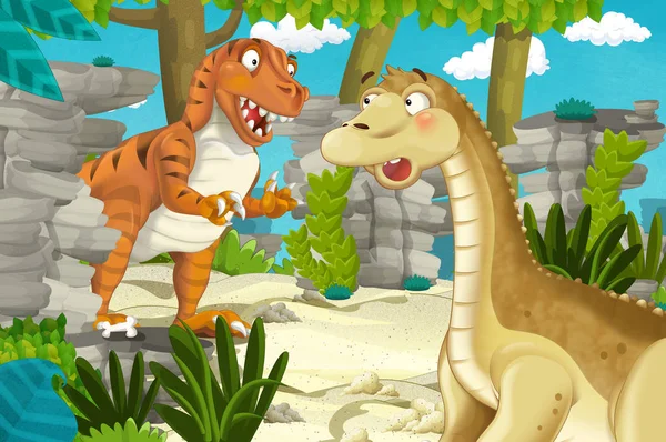 cartoon scene with dinosaur apatosaurus diplodocus with some other dinosaur in the jungle - illustration for children
