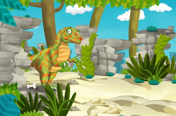Scena Kreskówki Raptor Dinozaurów Dżungli Ilustracja Dla Dzieci — Zdjęcie stockowe