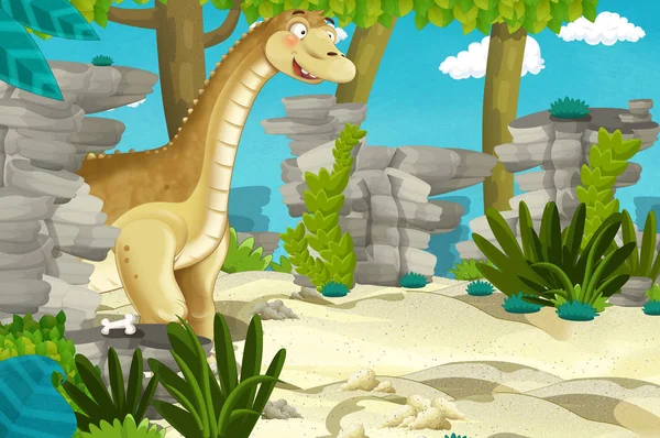 Cena Dos Desenhos Animados Com Dinossauro Selva Ilustração Para Crianças — Fotografia de Stock