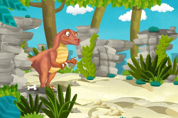 Escena Dibujos Animados Con Raptor Dinosaurios Selva Ilustración Para Niños — Foto de Stock