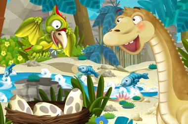 uçan dinozor Pterodactyl ve apatosaurus ile akarsu veya nehir yakın ormanda karikatür sahne-çocuklar için illüstrasyon