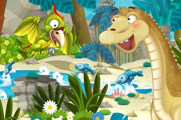 Cartoon Scene Jungle Buurt Van Stroom Rivier Met Vliegende Dinosaurus — Stockfoto