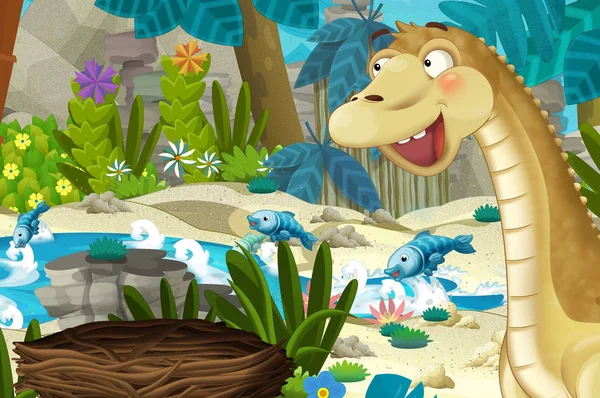 cartoon scene in the jungle near stream or river with nest and dinosaur apatosaurus - illustration for children