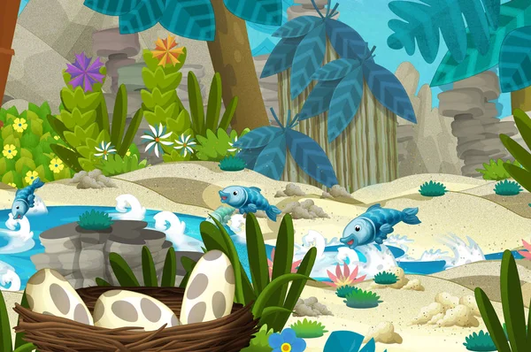 cartoon scene in the jungle near stream or river with nest - illustration for children