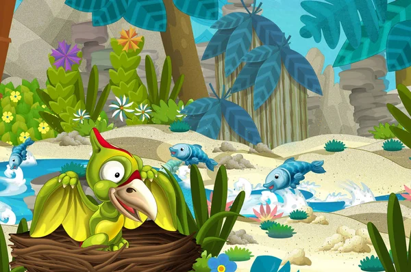Zeichentrickszene Dschungel Bach Oder Flussnähe Mit Fliegendem Dinosaurierpterodactyl Illustration Für — Stockfoto
