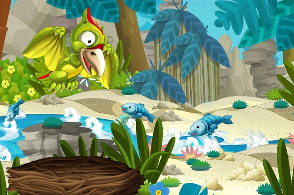 cartoon scene in the jungle near stream or river with flying dinosaur pterodactyl - illustration for children