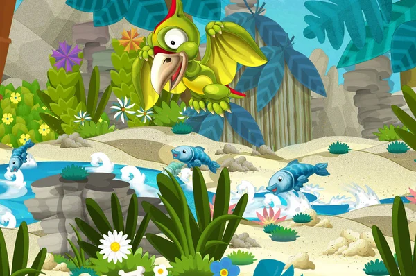 cartoon scene in the jungle near stream or river with flying dinosaur pterodactyl - illustration for children