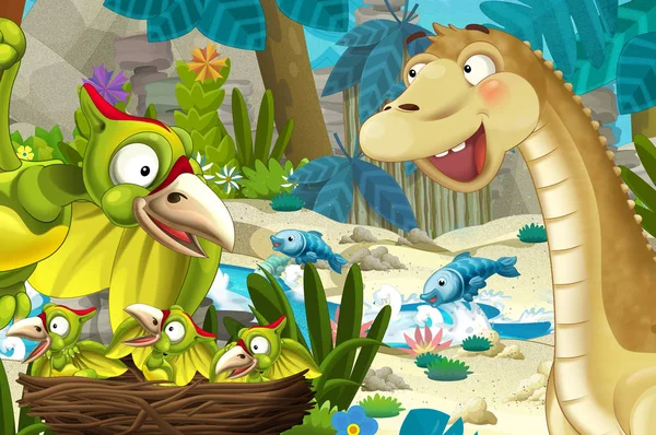 Zeichentrickszene Dschungel Bach Oder Flussnähe Mit Fliegendem Dinosaurier Flugsaurier Und — Stockfoto