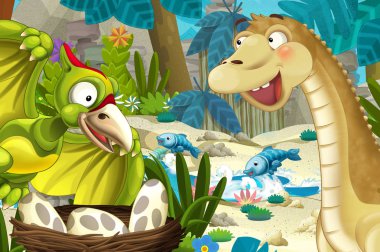 uçan dinozor Pterodactyl ve apatosaurus ile akarsu veya nehir yakın ormanda karikatür sahne-çocuklar için illüstrasyon