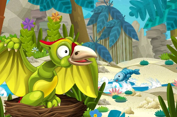 Cartoon Scene Jungle Stream River Flying Dinosaur Pterodactyl Illustration Children — Stock Photo, Image