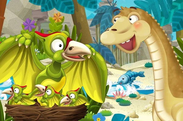 cartoon scene in the jungle near stream or river with flying dinosaur pterodactyl and apatosaurus - illustration for children