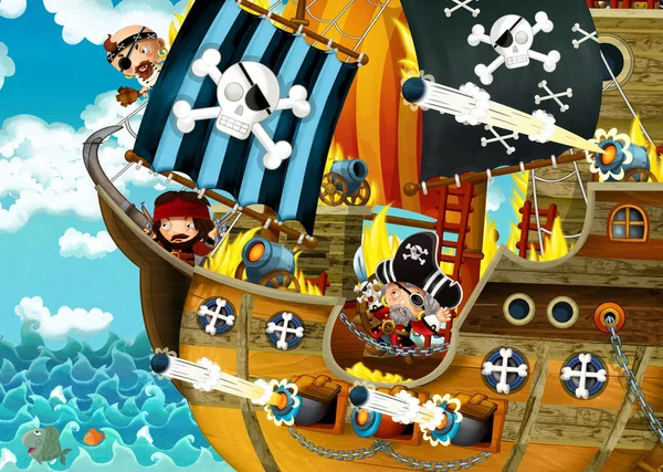 cartoon scene with pirate ship sailing through the seas with scary pirates - deck is burning during battle - illustration for children