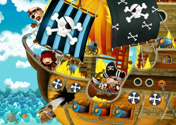 Scena Kreskówek Statkiem Pirackim Żeglowania Przez Morza Przerażającymi Piratów Pokładu — Zdjęcie stockowe
