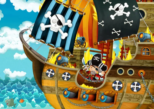 卡通场景与海盗船航行通过海洋与可怕的海盗 甲板在战斗中燃烧 插图为儿童 — 图库照片