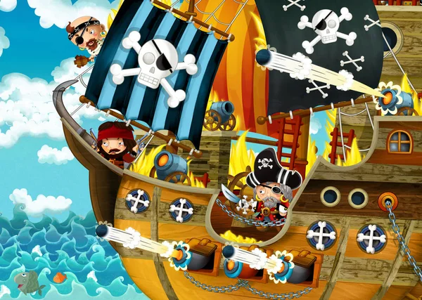 Мультяшная Сцена Пиратским Кораблем Плывущим Морям Страшными Пиратами Палуба Горит — стоковое фото
