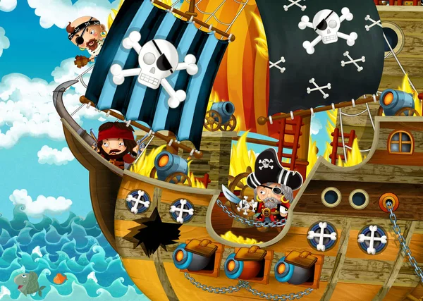 Мультяшна Сцена Піратським Кораблем Пливе Морем Страшними Піратами Палуба Горить — стокове фото