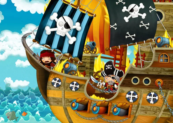 Kreslená Scéna Pirátskou Lodí Plachtící Přes Moře Strašidelnou Pirátí Hoří — Stock fotografie