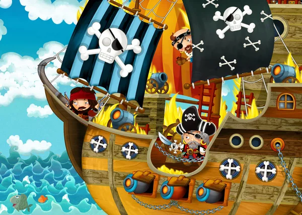 Cartoon Scene Pirate Ship Sailing Seas Scary Pirates Deck Burning — Stock Photo, Image