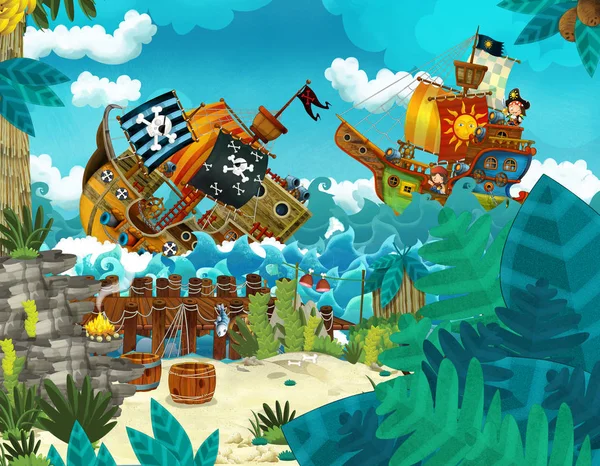 Escena Dibujos Animados Con Piratas Batalla Marítima Con Barco Que — Foto de Stock