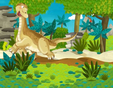 dinozor diplodocus apatosaurus ile çizgi film sahnesi ormanda eğlenceli doğa arka plan etrafında çalışan - çocuklar için illüstrasyon