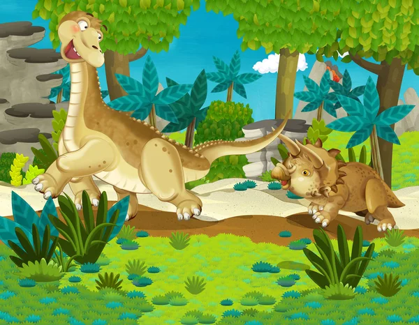 Γελοιογραφία Σκηνή Δεινόσαυρο Διαπλοντόδικο Αποτόσαυρος Τρέχει Γύρω Τρικέραταops Στη Ζούγκλα — Φωτογραφία Αρχείου
