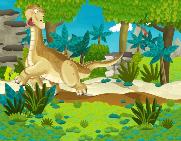 Scena Kreskówki Dinozaurem Diplodok Apatosaurus Bieganie Dżungli Mający Zabawy Charakter — Zdjęcie stockowe