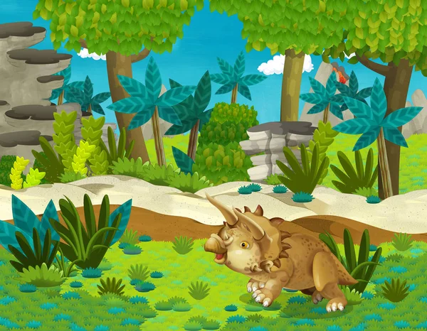 卡通片场景 恐龙三脚架在丛林里跑来跑去 有着有趣的自然背景 儿童图解 — 图库照片