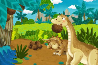 Dinozor diplodocus ya da apatosaurus 'un orman arka planında hindistan cevizlerini parçaladığı karikatür sahnesi - çocuklar için illüstrasyon