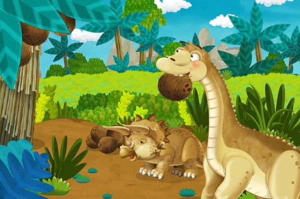 Scena Kreskówek Dinozaurami Diplodokus Lub Apatosaurus Zdejmując Kokosy Tle Przyrody — Zdjęcie stockowe