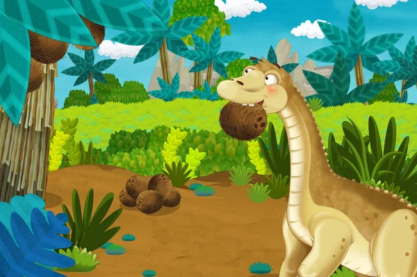 cartoon scene with dinosaur diplodocus or apatosaurus taking down coconuts in the jungle nature background - illustration for children