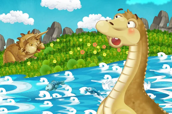cartoon scene with dinosaur diplodocus apatosaurus swimming in the river in the jungle nature background - illustration for children