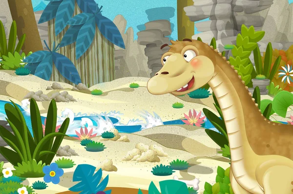 Σκηνή Κινουμένων Σχεδίων Τον Δεινόσαυρο Απατόσαυρο Diplodocus Στη Ζούγκλα Εικονογράφηση — Φωτογραφία Αρχείου