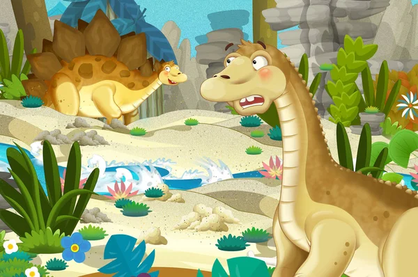 Cartoon Scene Dinosaur Apatosaurus Diplodocus Some Other Dinosaur Jungle Illustration — Stock Photo, Image